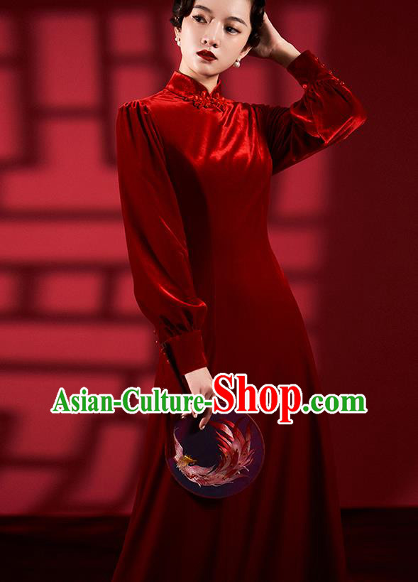 Chinese Classical Dance Red Qipao Dress Clothing Traditional Wedding Velvet Cheongsam Chinese Classical Dance Red Qipao Dress Clothing Traditional Wedding Velvet Cheongsam