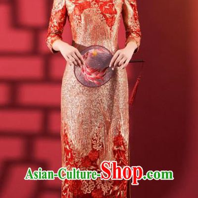 Chinese Bride Qipao Dress Clothing Traditional Wedding Embroidered Red Brocade Cheongsam