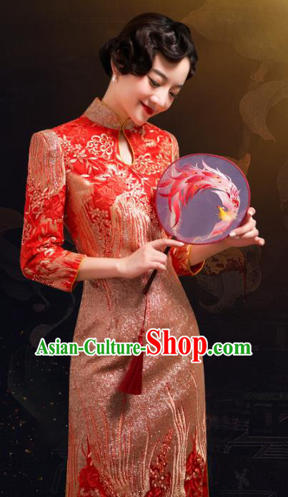 Chinese Bride Qipao Dress Clothing Traditional Wedding Embroidered Red Brocade Cheongsam