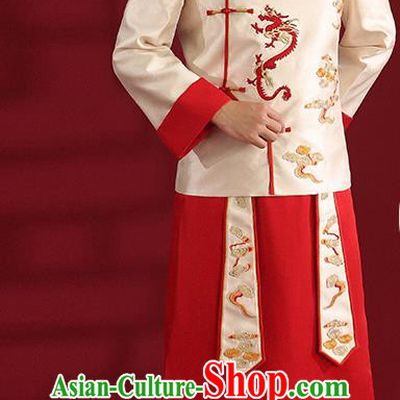 Chinese Traditional Wedding Bridegroom Costumes Embroidered White Mandarin Jacket and Red Long Robe