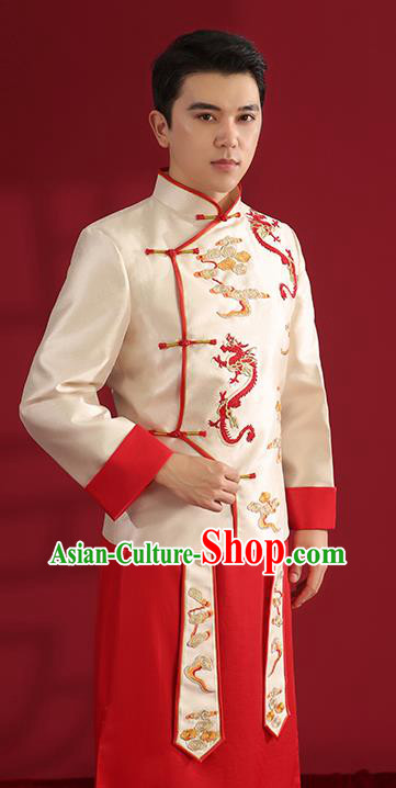 Chinese Traditional Wedding Bridegroom Costumes Embroidered White Mandarin Jacket and Red Long Robe Chinese Traditional Wedding Bridegroom Costumes Embroidered White Mandarin Jacket and Red Long Robe