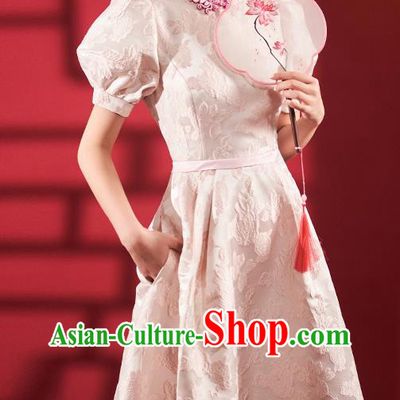 Chinese Bridesmaid Pink Qipao Dress Clothing Traditional Stage Performance Cheongsam