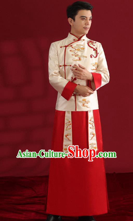 Chinese Traditional Wedding Bridegroom Costumes Embroidered White Mandarin Jacket and Red Long Robe Chinese Traditional Wedding Bridegroom Costumes Embroidered White Mandarin Jacket and Red Long Robe