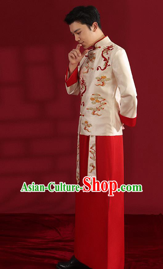 Chinese Traditional Wedding Bridegroom Costumes Embroidered White Mandarin Jacket and Red Long Robe Chinese Traditional Wedding Bridegroom Costumes Embroidered White Mandarin Jacket and Red Long Robe