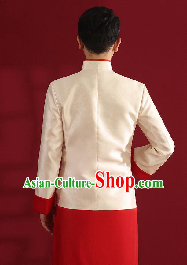 Chinese Traditional Wedding Bridegroom Costumes Embroidered White Mandarin Jacket and Red Long Robe Chinese Traditional Wedding Bridegroom Costumes Embroidered White Mandarin Jacket and Red Long Robe