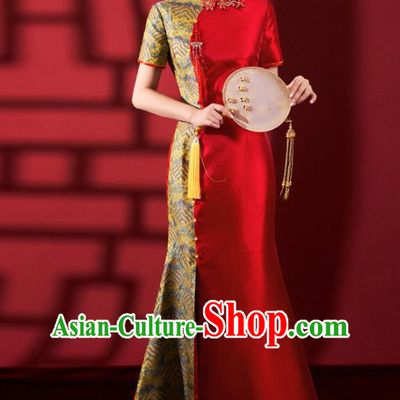 Chinese Traditional Wedding Fishtail Cheongsam Bride Red Brocade Qipao Dress Clothing