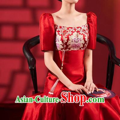 Chinese Traditional Wedding Cheongsam Clothing Bride Red Brocade Qipao Dress