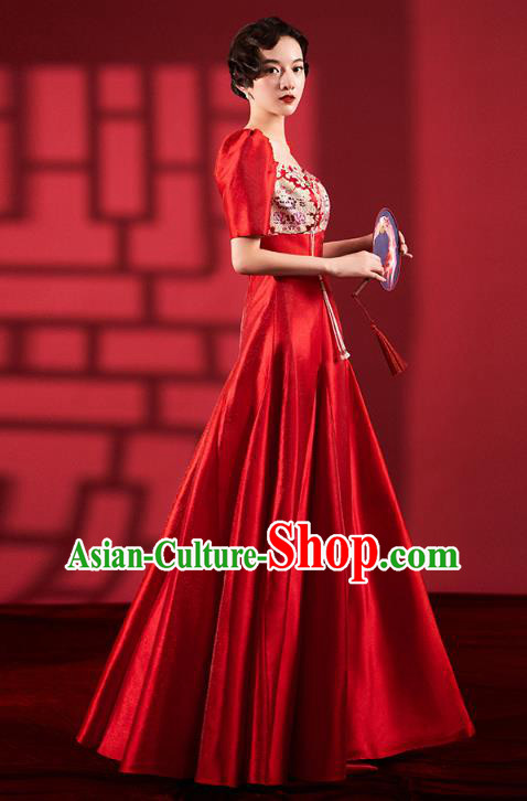 Chinese Traditional Wedding Cheongsam Clothing Bride Red Brocade Qipao Dress Chinese Traditional Wedding Cheongsam Clothing Bride Red Brocade Qipao Dress
