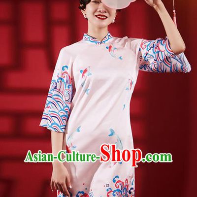 Chinese Traditional Wedding Bridesmaid Cheongsam Clothing Printing Pink Brocade Qipao Dress