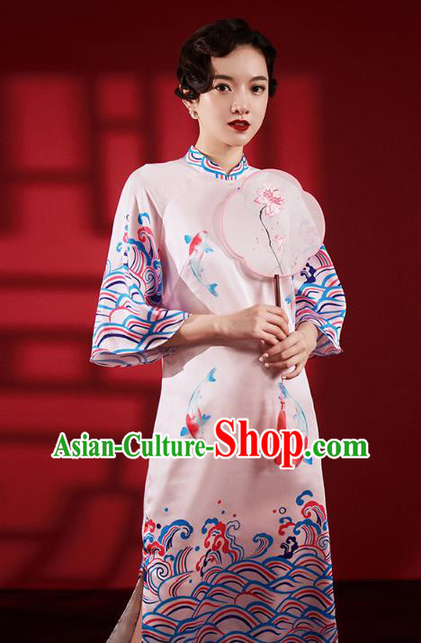 Chinese Traditional Wedding Bridesmaid Cheongsam Clothing Printing Pink Brocade Qipao Dress Chinese Traditional Wedding Bridesmaid Cheongsam Clothing Printing Pink Brocade Qipao Dress
