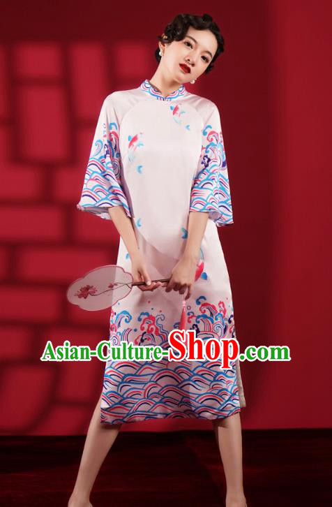 Chinese Traditional Wedding Bridesmaid Cheongsam Clothing Printing Pink Brocade Qipao Dress Chinese Traditional Wedding Bridesmaid Cheongsam Clothing Printing Pink Brocade Qipao Dress