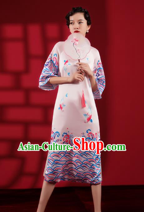 Chinese Traditional Wedding Bridesmaid Cheongsam Clothing Printing Pink Brocade Qipao Dress Chinese Traditional Wedding Bridesmaid Cheongsam Clothing Printing Pink Brocade Qipao Dress