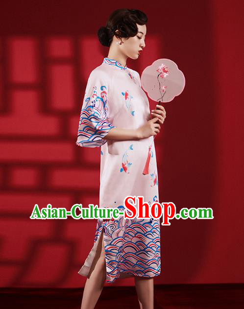 Chinese Traditional Wedding Bridesmaid Cheongsam Clothing Printing Pink Brocade Qipao Dress Chinese Traditional Wedding Bridesmaid Cheongsam Clothing Printing Pink Brocade Qipao Dress