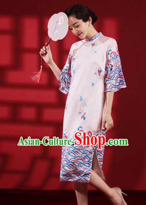 Chinese Traditional Wedding Bridesmaid Cheongsam Clothing Printing Pink Brocade Qipao Dress Chinese Traditional Wedding Bridesmaid Cheongsam Clothing Printing Pink Brocade Qipao Dress
