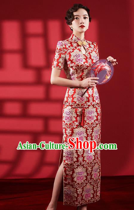 Chinese Classical Red Brocade Qipao Dress Traditional Wedding Bride Cheongsam Clothing Chinese Classical Red Brocade Qipao Dress Traditional Wedding Bride Cheongsam Clothing