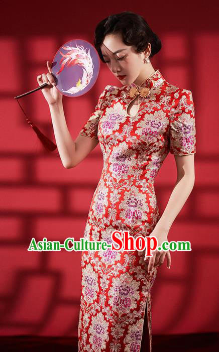 Chinese Classical Red Brocade Qipao Dress Traditional Wedding Bride Cheongsam Clothing Chinese Classical Red Brocade Qipao Dress Traditional Wedding Bride Cheongsam Clothing
