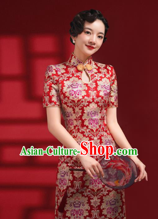 Chinese Classical Red Brocade Qipao Dress Traditional Wedding Bride Cheongsam Clothing Chinese Classical Red Brocade Qipao Dress Traditional Wedding Bride Cheongsam Clothing