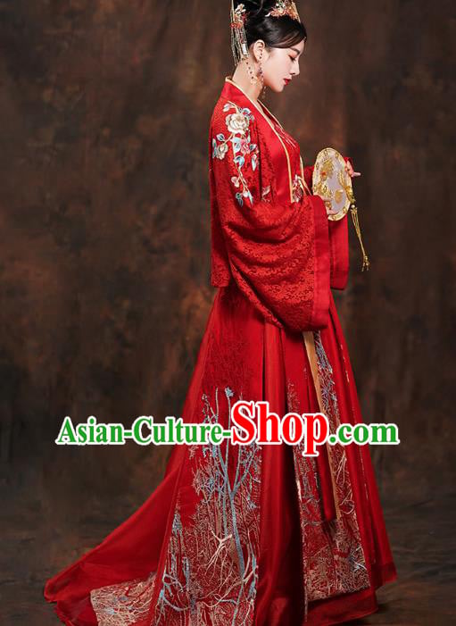 China Traditional Tang Dynasty Empress Wedding Costumes Ancient Bride Embroidered Red Hanfu Dress