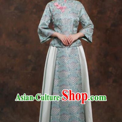 China Traditional Wedding Blue Xiuhe Suits Bride Costumes Toast Dress