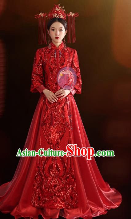 China Traditional Wedding Red Xiuhe Suit Costumes Bride Toast Embroidered Dress China Traditional Wedding Red Xiuhe Suit Costumes Bride Toast Embroidered Dress