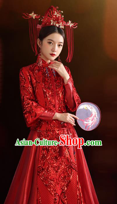 China Traditional Wedding Red Xiuhe Suit Costumes Bride Toast Embroidered Dress China Traditional Wedding Red Xiuhe Suit Costumes Bride Toast Embroidered Dress