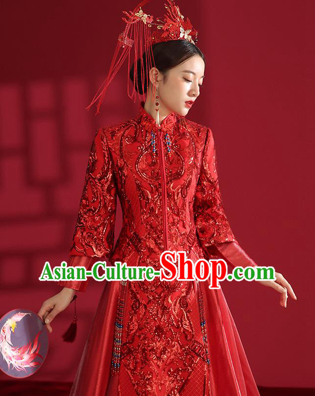 China Traditional Wedding Red Xiuhe Suit Costumes Bride Toast Embroidered Dress China Traditional Wedding Red Xiuhe Suit Costumes Bride Toast Embroidered Dress
