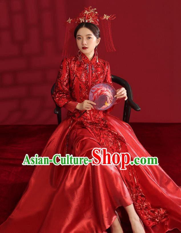China Traditional Wedding Red Xiuhe Suit Costumes Bride Toast Embroidered Dress China Traditional Wedding Red Xiuhe Suit Costumes Bride Toast Embroidered Dress