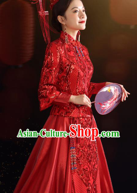 China Traditional Wedding Red Xiuhe Suit Costumes Bride Toast Embroidered Dress China Traditional Wedding Red Xiuhe Suit Costumes Bride Toast Embroidered Dress