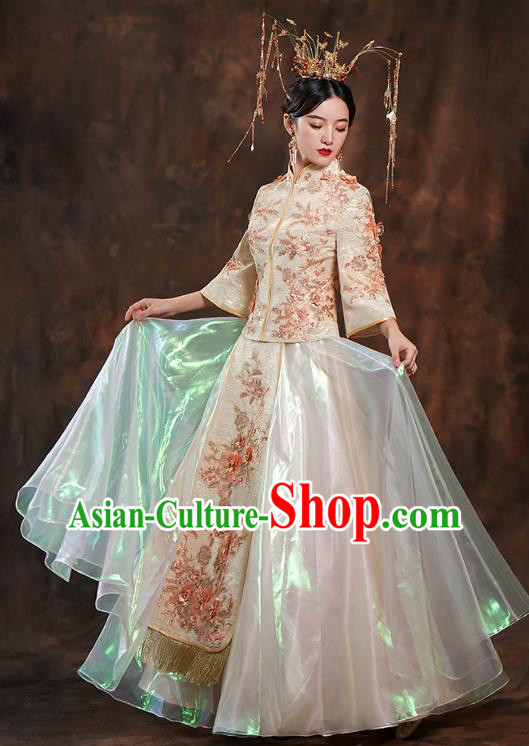 China Ancient Bride Costumes Toast Dress Traditional Wedding Champagne Xiuhe Suits China Ancient Bride Costumes Toast Dress Traditional Wedding Champagne Xiuhe Suits