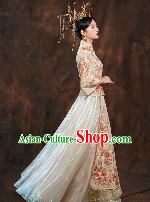 China Ancient Bride Costumes Toast Dress Traditional Wedding Champagne Xiuhe Suits China Ancient Bride Costumes Toast Dress Traditional Wedding Champagne Xiuhe Suits