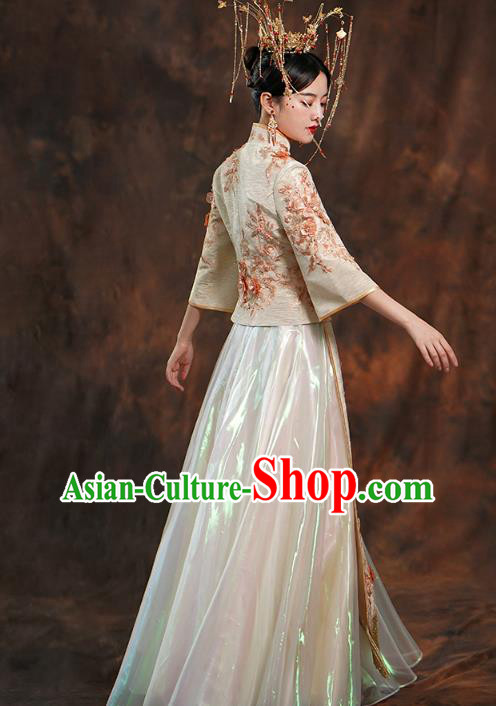 China Ancient Bride Costumes Toast Dress Traditional Wedding Champagne Xiuhe Suits China Ancient Bride Costumes Toast Dress Traditional Wedding Champagne Xiuhe Suits