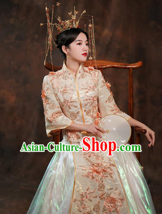 China Ancient Bride Costumes Toast Dress Traditional Wedding Champagne Xiuhe Suits China Ancient Bride Costumes Toast Dress Traditional Wedding Champagne Xiuhe Suits