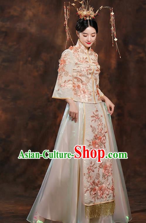 China Ancient Bride Costumes Toast Dress Traditional Wedding Champagne Xiuhe Suits China Ancient Bride Costumes Toast Dress Traditional Wedding Champagne Xiuhe Suits