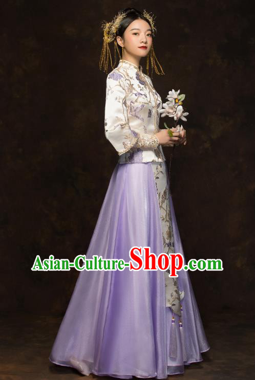 China Traditional Wedding Xiuhe Suits Classical Bride Costumes Toast Lilac Dress China Traditional Wedding Xiuhe Suits Classical Bride Costumes Toast Lilac Dress
