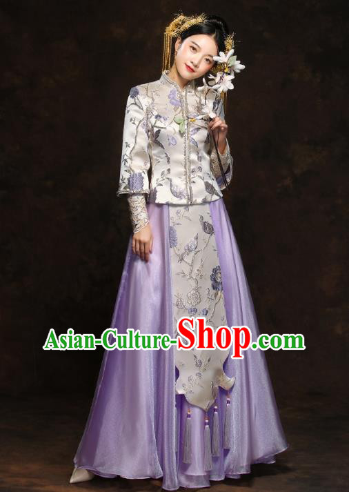 China Traditional Wedding Xiuhe Suits Classical Bride Costumes Toast Lilac Dress China Traditional Wedding Xiuhe Suits Classical Bride Costumes Toast Lilac Dress