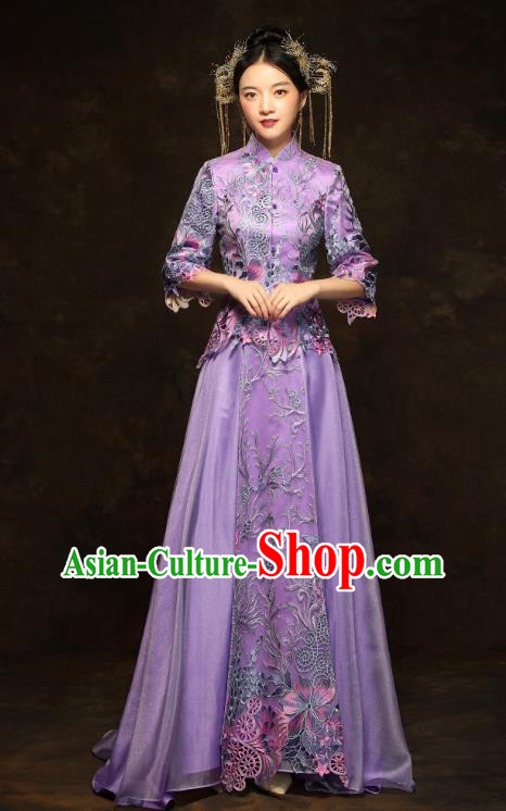 China Classical Bride Costumes Traditional Toast Embroidered Purple Dress Wedding Xiuhe Suits China Classical Bride Costumes Traditional Toast Embroidered Purple Dress Wedding Xiuhe Suits