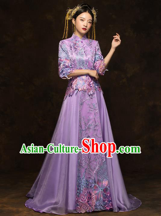 China Classical Bride Costumes Traditional Toast Embroidered Purple Dress Wedding Xiuhe Suits China Classical Bride Costumes Traditional Toast Embroidered Purple Dress Wedding Xiuhe Suits