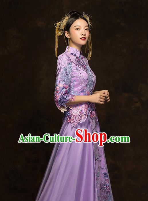 China Classical Bride Costumes Traditional Toast Embroidered Purple Dress Wedding Xiuhe Suits China Classical Bride Costumes Traditional Toast Embroidered Purple Dress Wedding Xiuhe Suits