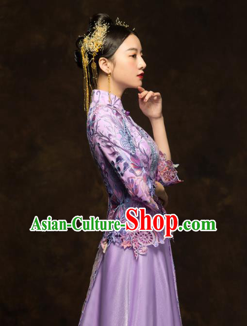 China Classical Bride Costumes Traditional Toast Embroidered Purple Dress Wedding Xiuhe Suits China Classical Bride Costumes Traditional Toast Embroidered Purple Dress Wedding Xiuhe Suits
