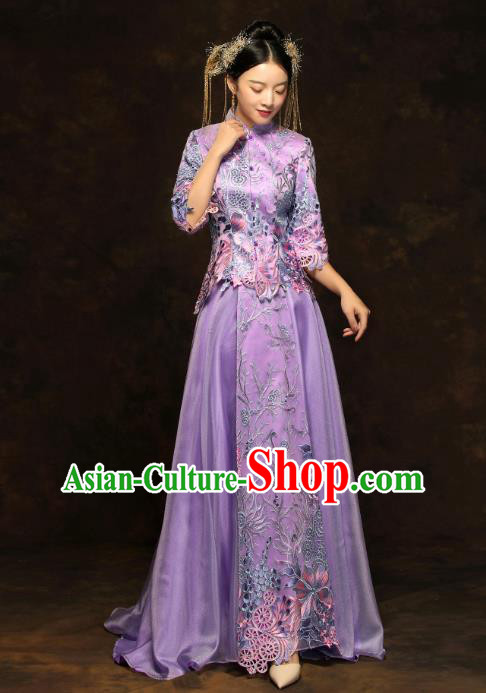 China Classical Bride Costumes Traditional Toast Embroidered Purple Dress Wedding Xiuhe Suits China Classical Bride Costumes Traditional Toast Embroidered Purple Dress Wedding Xiuhe Suits