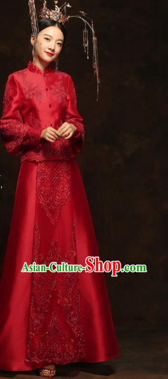 China Traditional Embroidery Beads Toast Dress Wedding Red Xiuhe Suits Classical Bride Costumes China Traditional Embroidery Beads Toast Dress Wedding Red Xiuhe Suits Classical Bride Costumes