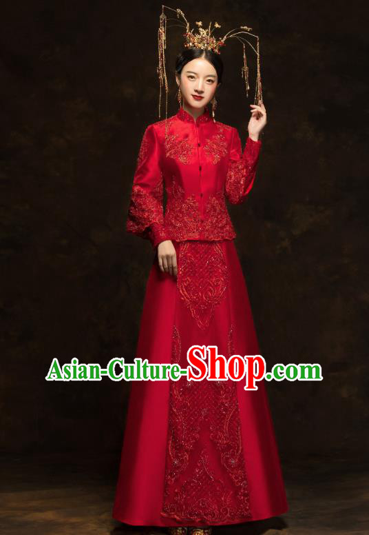China Traditional Embroidery Beads Toast Dress Wedding Red Xiuhe Suits Classical Bride Costumes China Traditional Embroidery Beads Toast Dress Wedding Red Xiuhe Suits Classical Bride Costumes
