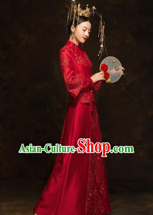 China Traditional Embroidery Beads Toast Dress Wedding Red Xiuhe Suits Classical Bride Costumes China Traditional Embroidery Beads Toast Dress Wedding Red Xiuhe Suits Classical Bride Costumes