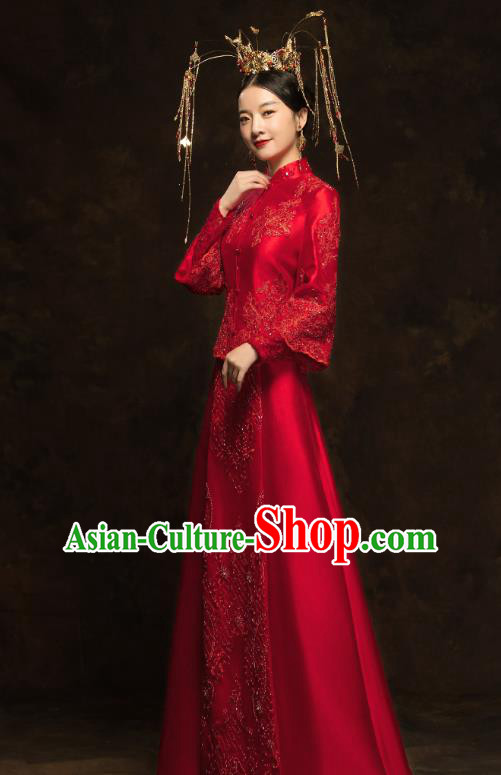 China Traditional Embroidery Beads Toast Dress Wedding Red Xiuhe Suits Classical Bride Costumes China Traditional Embroidery Beads Toast Dress Wedding Red Xiuhe Suits Classical Bride Costumes