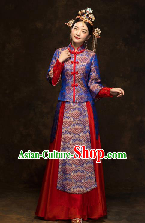 China Classical Wedding Xiuhe Suits Traditional Bride Costumes Royalblue Blouse and Red Skirt China Classical Wedding Xiuhe Suits Traditional Bride Costumes Royalblue Blouse and Red Skirt