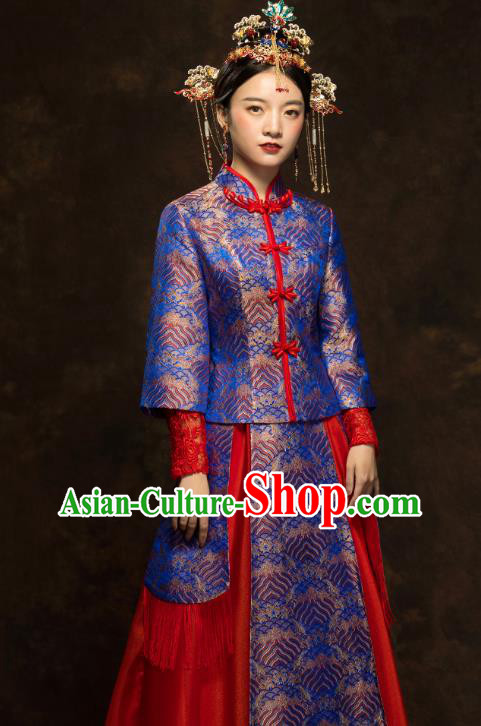 China Classical Wedding Xiuhe Suits Traditional Bride Costumes Royalblue Blouse and Red Skirt China Classical Wedding Xiuhe Suits Traditional Bride Costumes Royalblue Blouse and Red Skirt