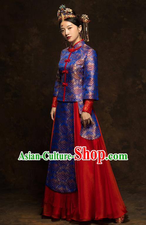 China Classical Wedding Xiuhe Suits Traditional Bride Costumes Royalblue Blouse and Red Skirt China Classical Wedding Xiuhe Suits Traditional Bride Costumes Royalblue Blouse and Red Skirt