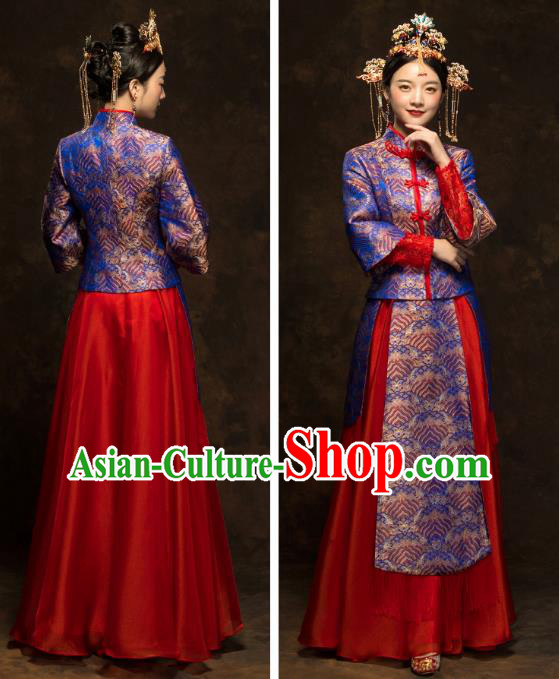 China Classical Wedding Xiuhe Suits Traditional Bride Costumes Royalblue Blouse and Red Skirt China Classical Wedding Xiuhe Suits Traditional Bride Costumes Royalblue Blouse and Red Skirt