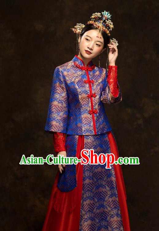 China Classical Wedding Xiuhe Suits Traditional Bride Costumes Royalblue Blouse and Red Skirt China Classical Wedding Xiuhe Suits Traditional Bride Costumes Royalblue Blouse and Red Skirt