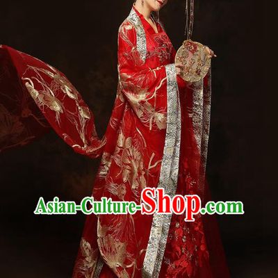 China Traditional Bride Embroidered Costumes Ancient Empress Red Hanfu Dress Classical Wedding Xiuhe Suits